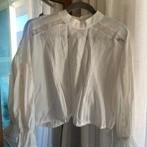 White cotton long sleeve flowy top, lace, high neck